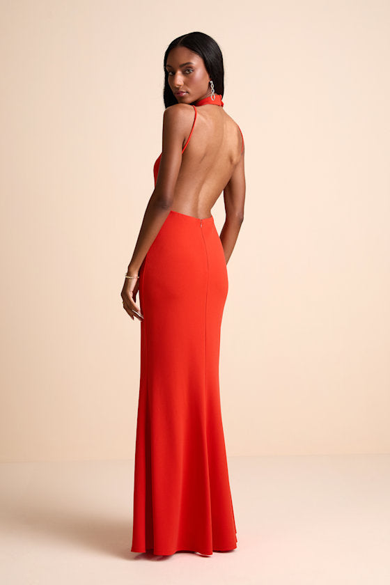 Damaris Bright Orange Mock Neck Backless Maxi Dress
