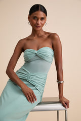 Ursella Sage Blue Mesh Strapless Maxi Dress
