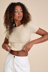 Yakina Beige Sweater Knit Cutout Crop Top