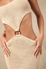 Nevrah Beige Crochet Strapless O-Ring Swim Cover-Up Dress