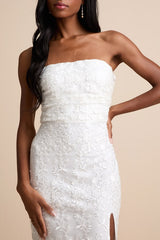 Tera White Floral Embroidered Strapless Midi Dress
