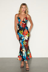 Sahalia Black Floral Satin Backless Midi Dress