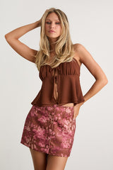 Riordan Brown and Pink Floral Button-Front Mini Skirt