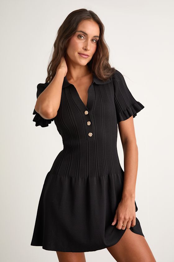 Yavina Black Collared Skater Sweater Mini Dress
