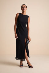 Yaneli Black Boat Neck Cowl Back Maxi Dress