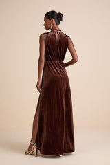 Classic Elegance Brown Velvet Sleeveless Mock Neck Maxi Dress