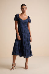 Sweetest Behavior Navy Embroidered Puff Sleeve Midi Dress