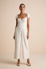 New Glam Cream Floral Jacquard Bustier Off-the-Shoulder Jumpsuit