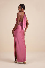 Lennon Mauve Pink Satin Lace Halter Maxi Dress