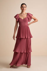 Notorious Charm Rusty Rose Pleated Flutter Sleeve Maxi Dress