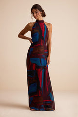 Solayne Burgundy Multi Abstract Strappy Halter Maxi Dress