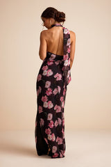 Leighna Plum and Pink Floral One-Shoulder Scarf Maxi Dress