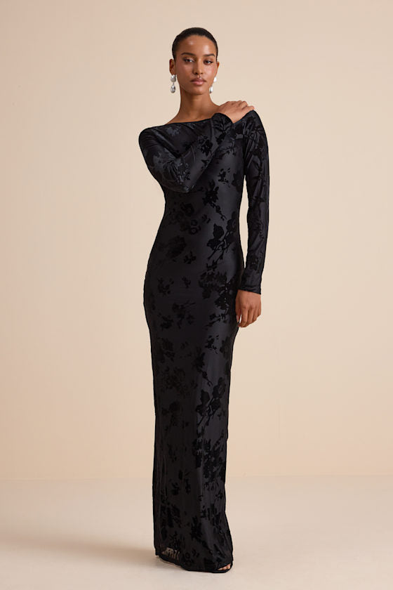 Amiria Black Burnout Velvet Long Sleeve Maxi Dress