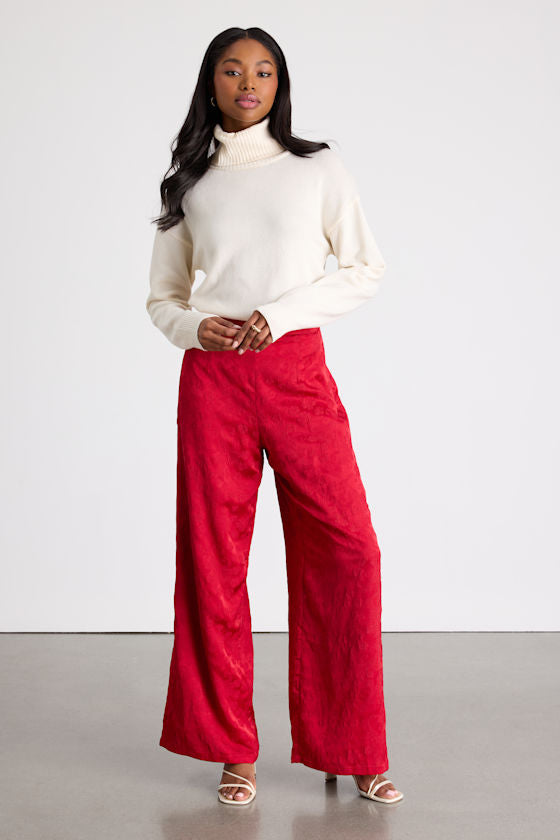 Daphne Red Satin Jacquard Wide-Leg Pants