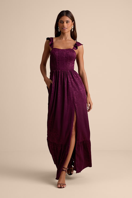 Arlaith Plum Jacquard Lace-Up Corset Maxi Dress