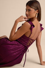 Arlaith Plum Jacquard Lace-Up Corset Maxi Dress