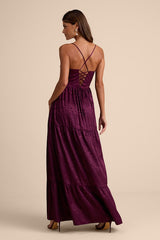 Vasilia Plum Purple Satin Jacquard Tiered Corset Maxi Dress