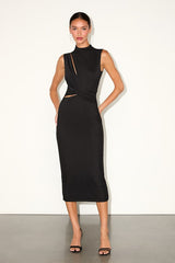 Kamara Black Mesh Cutout Knotted Midi Dress