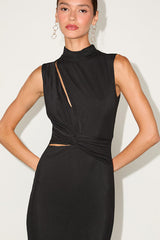 Kamara Black Mesh Cutout Knotted Midi Dress