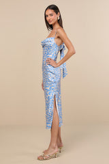 Midiana Light Blue Abstract Floral Tie-Back Midi Dress
