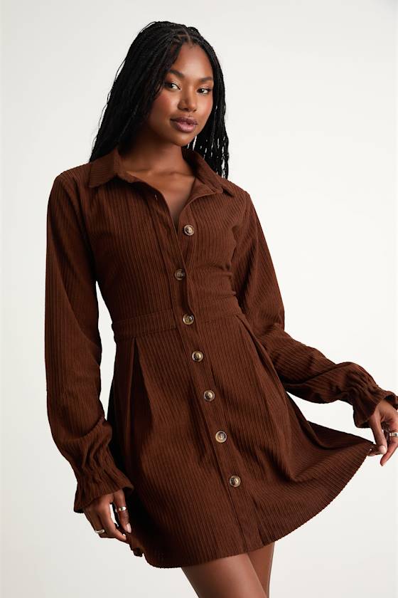 Autumn Mood Dark Brown Corduroy Mini Dress With Pockets