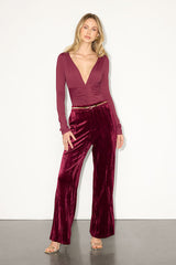 Naiari Berry Red Slinky Knit Ruched Long Sleeve Bodysuit