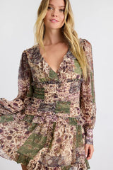 Ismini Beige Multi Patchwork Long Sleeve Mini Dress