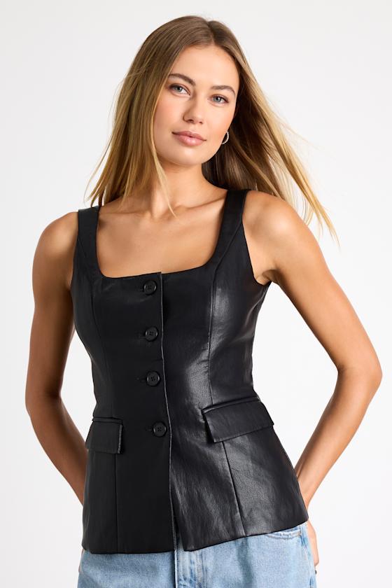 Lanzy Black Vegan Leather Button-Front Vest Top