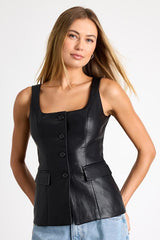 Lanzy Black Vegan Leather Button-Front Vest Top