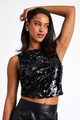 Chelia Shiny Black Sequin Cropped Tank Top
