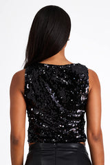 Chelia Shiny Black Sequin Cropped Tank Top