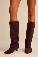 Alexandria Chocolate Suede Knee-High Kitten Heel Boots