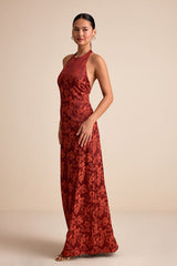 Alaria Rust Satin Jacquard Halter Neck Maxi Dress