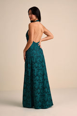 Alaria Emerald Satin Jacquard Halter Neck Maxi Dress