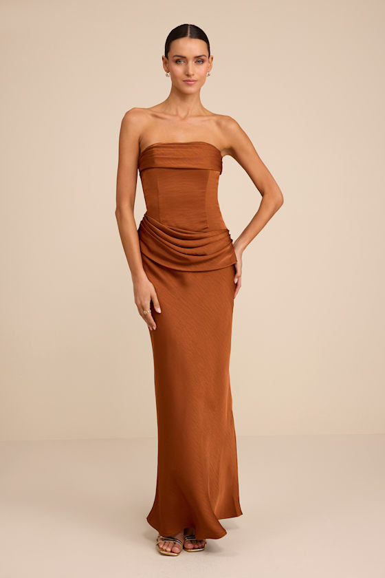 Verbena Bronze Satin Draped Strapless Maxi Dress
