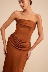 Verbena Bronze Satin Draped Strapless Maxi Dress