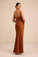 Verbena Bronze Satin Draped Strapless Maxi Dress