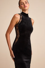 Kemalie Black Velvet Lace Mock Neck Maxi Dress