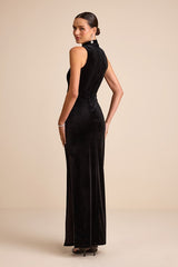 Kemalie Black Velvet Lace Mock Neck Maxi Dress