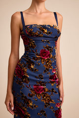 Tessa Navy Floral Velvet Burnout Column Midi Dress