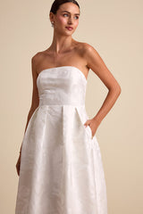 Laurelin White Jacquard Pleated Strapless Maxi Dress