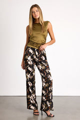 Moreau Black Satin Abstract Print Wide-Leg Pants