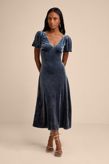 Obrissa Slate Blue Velvet Puff Sleeve Tie-Back Midi Dress