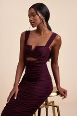 Aelara Dark Plum Mesh Ruched Trumpet Midi Dress