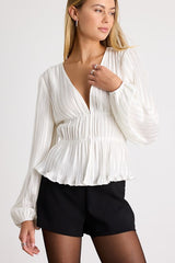 Kipton White Plisse Hook-and-Eye Long Sleeve Top