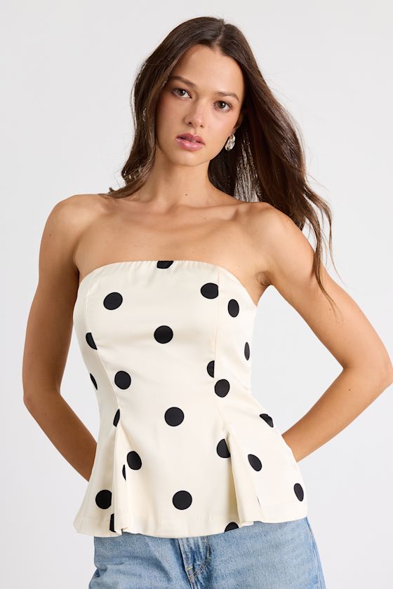 Huttley Ivory Polka Dot Strapless Peplum Top