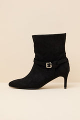 Jonelle Black Suede Buckle High Heel Booties