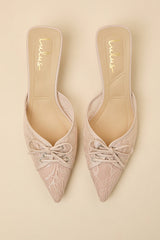 Lacey Blush Lace Bow Kitten Heel Mule Pumps