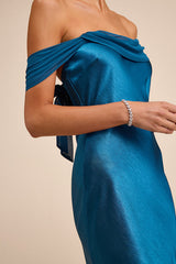 Alaida Teal Blue Satin Off-the-Shoulder Maxi Dress