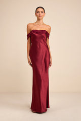 Alaida Wine Red Satin Off-the-Shoulder Maxi Dress